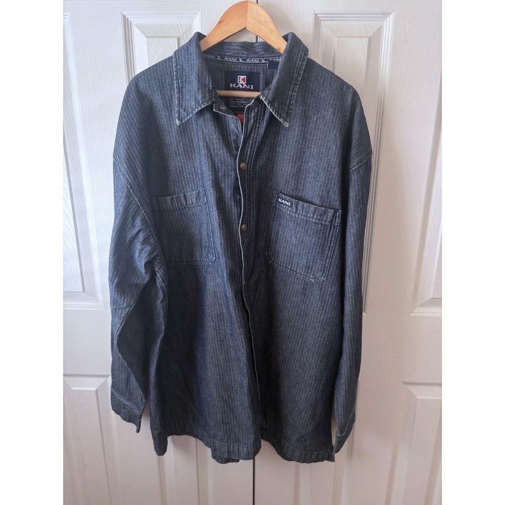RARE! VINTAGE 1990's Karl Kani Blue Herringbone Denim Shirt Jacket Shacket XXL